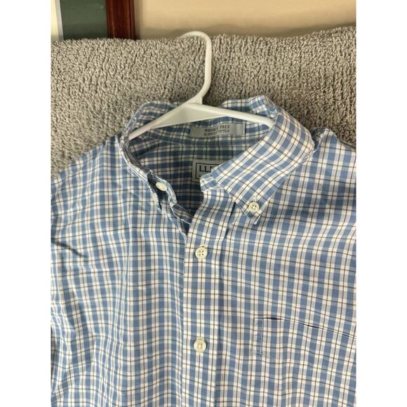 LL Bean Polo Men's M Blue Long Sleeve Plaid Wrinkle Free Slightly Fitted - Picture 4 of 11